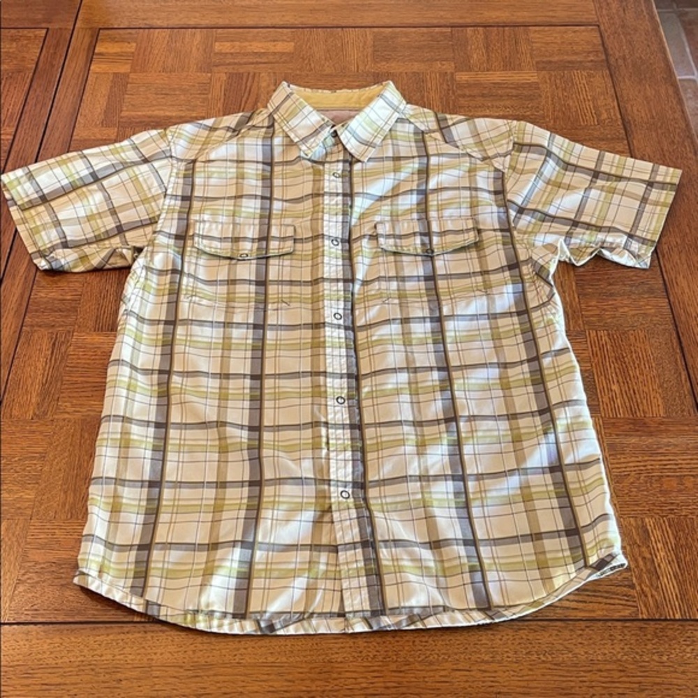 Prana Men's Casual Plaid Shirt - Green and Tan snap front shirt Large